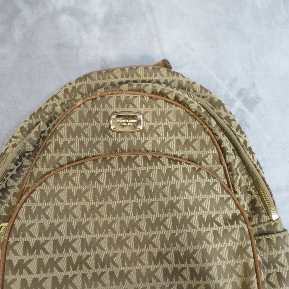 Michael Kors Abbey Backpack Signature Monogram Canvas Tan Leather Gold Hardware